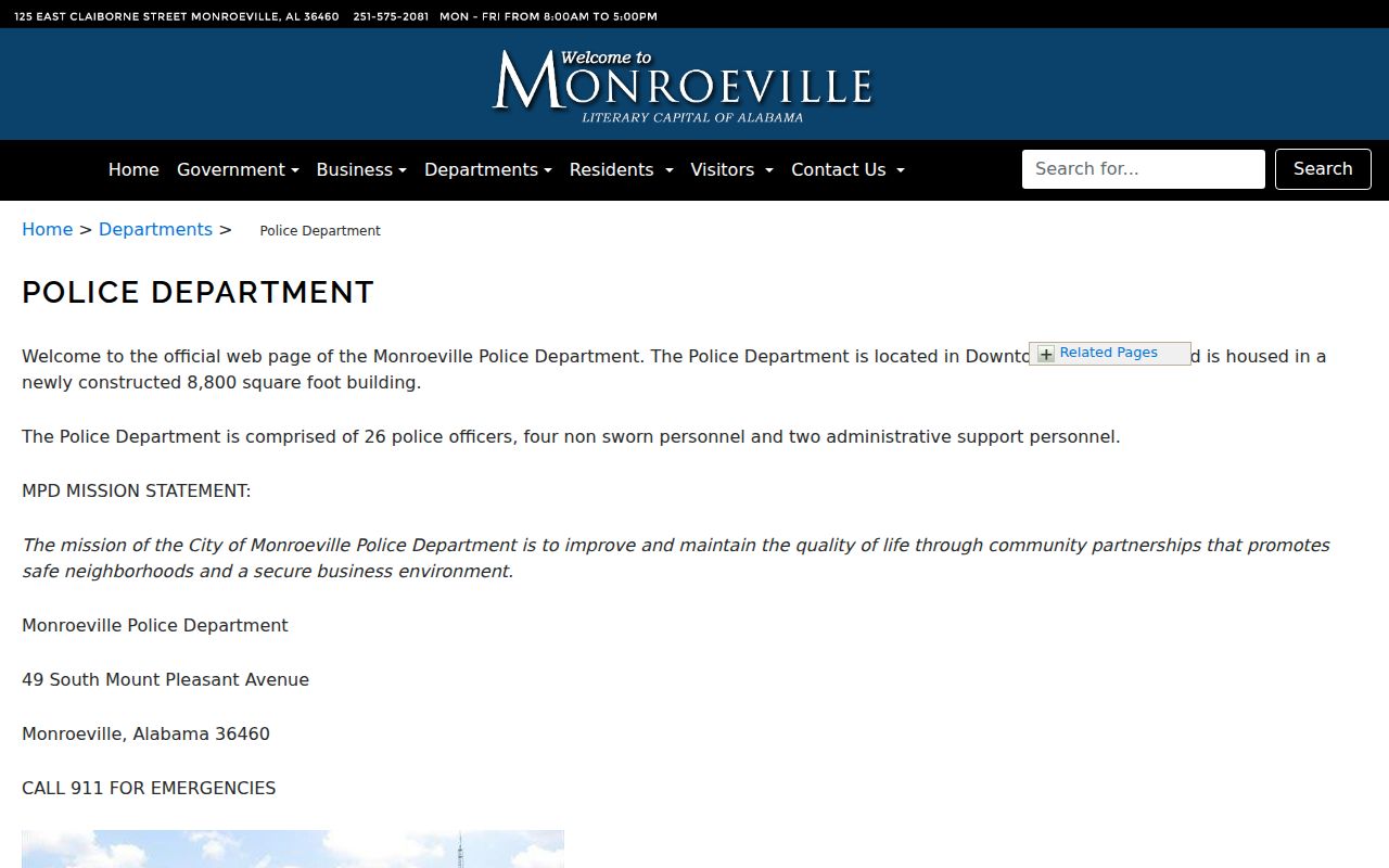 Monroeville criminal history source showing the police department page